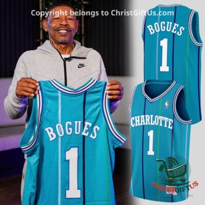 Teal Charlotte Hornets Bogues No. 1 jersey held up with front and back views