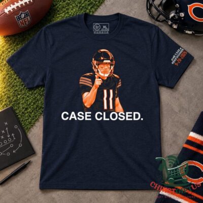 Chicago Bears Case Keenum Case Closed T-Shirt - front view showing player illustration and slogan