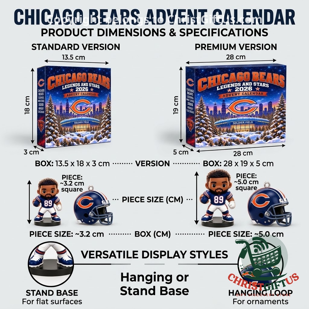 Chicago Bears Legends and Stars 2026 Advent Calendar – Dimensions and display options graphic Chicago Bears Legends and Stars 2026 Advent Calendar - dimensions and display options graphic