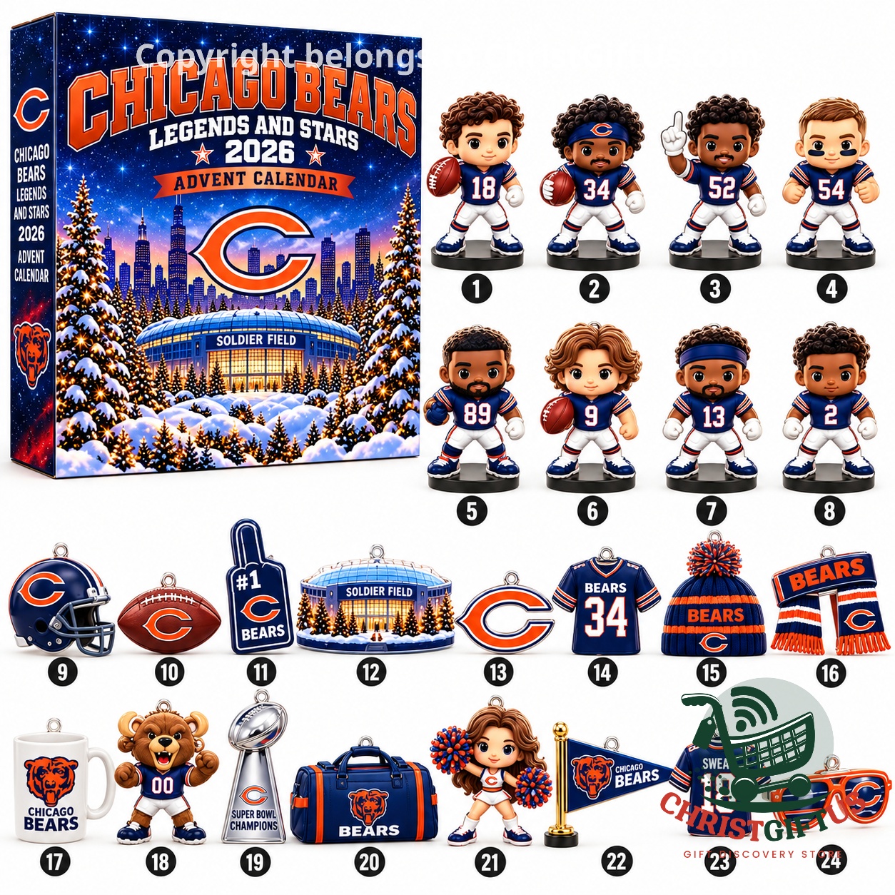 Chicago Bears Legends and Stars 2026 Advent Calendar - front box and collectible figures