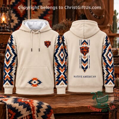 Chicago Bears Native American Heritage Month Hoodie - front and back views with geometric sleeve patterns