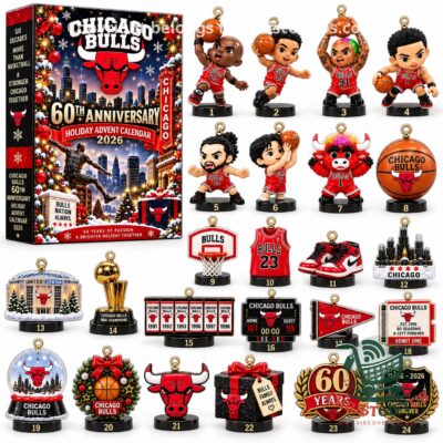 Chicago Bulls 60th Anniversary Holiday 2026 Advent Calendar - box and 24 numbered ornaments displayed