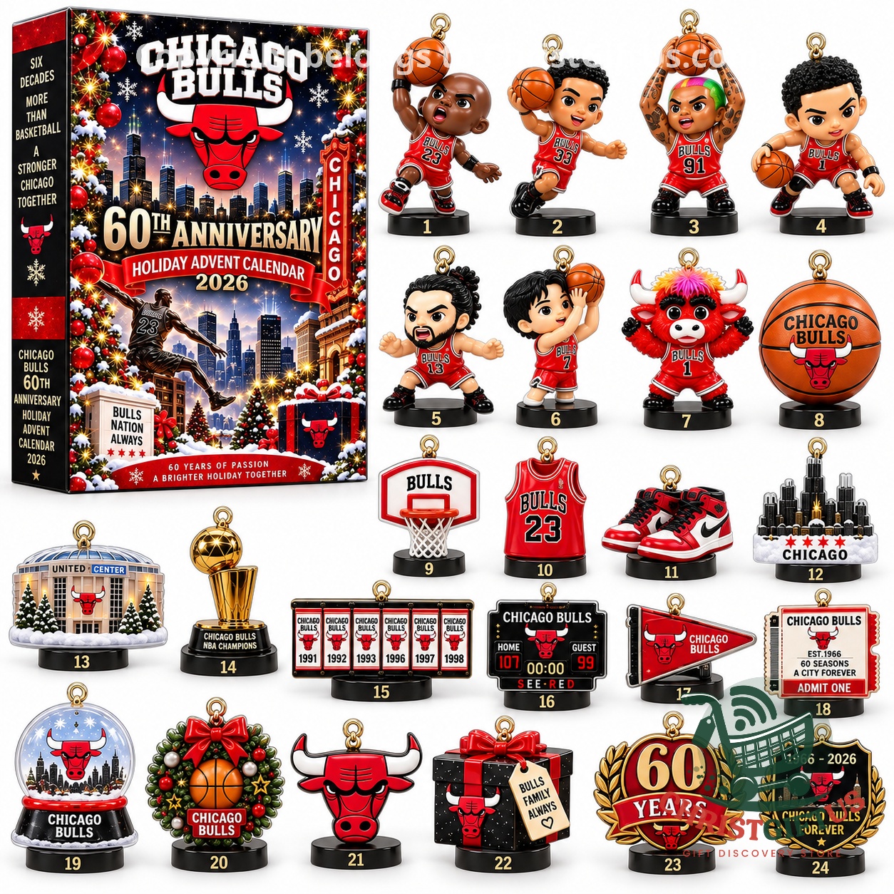 Chicago Bulls 60th Anniversary Holiday 2026 Advent Calendar - box and 24 numbered ornaments displayed