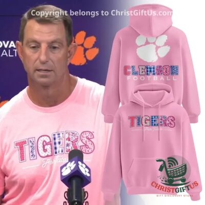 Clemson Tigers Football Breast Cancer Awareness Hoodie 2026 - front and back hoodie views