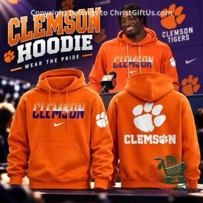Clemson Tigers Wordmark and Paw Hoodie - front and back views with model display