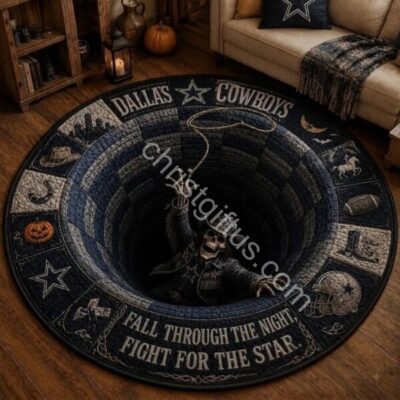Dallas Cowboys Halloween 2026 Skeleton Monster Round Rug - full overhead view with skeleton center