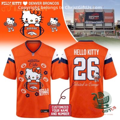 Denver Broncos x Hello Kitty 2026 Football Jersey - front and back jersey views