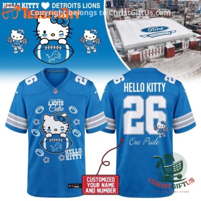 Detroit Lions x Hello Kitty 2026 Football Jersey - front and back views with number 26