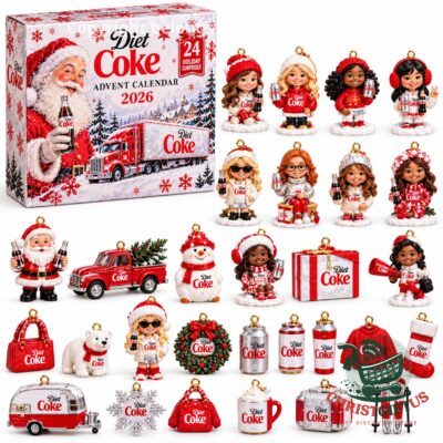 Diet Coke Christmas 2026 advent calendar box with the full set of designs