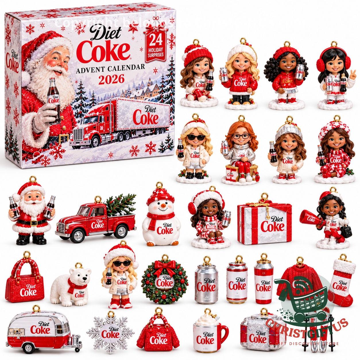 Diet Coke Christmas 2026 advent calendar box with the full set of designs