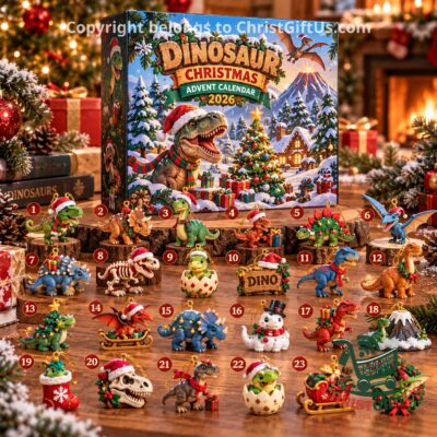 Dinosaur Christmas 2026 Advent Calendar - front box with numbered dinosaur ornaments