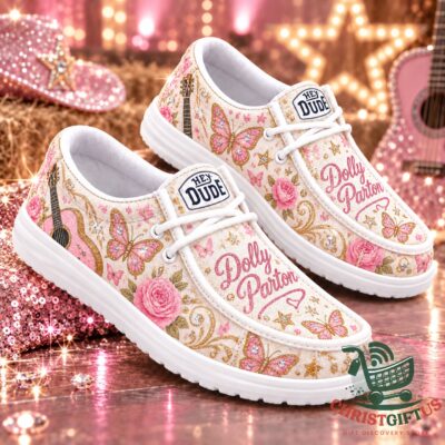 Dolly Parton Pink Floral Country Loafer Shoes - pair shown from angled front view