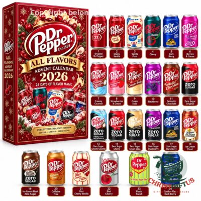 Dr Pepper All Flavors 2026 Christmas Advent Calendar - box with all 24 mini can designs and flavour labels
