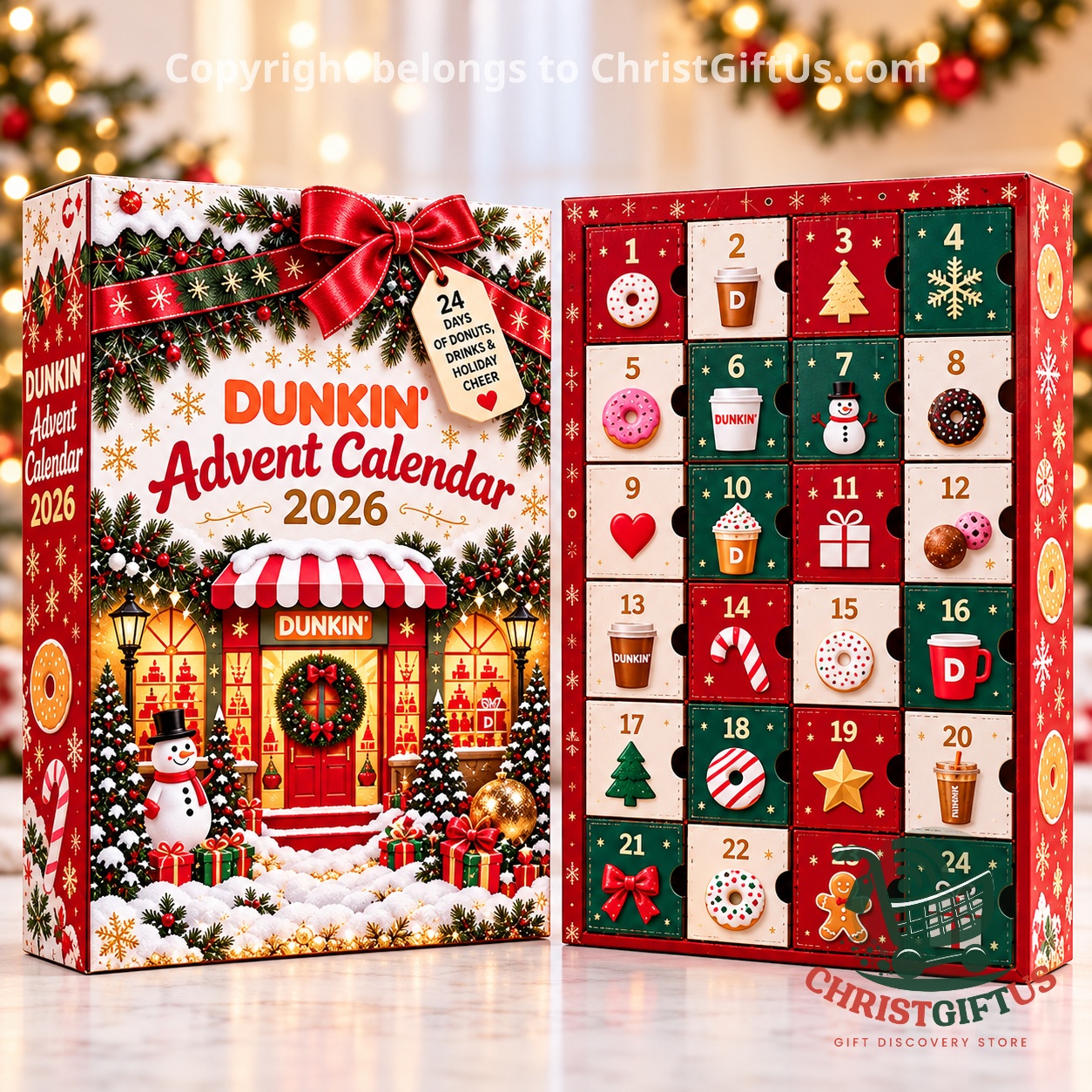 Dunkin Christmas Holiday 2026 Advent Calendar - close view of storefront artwork