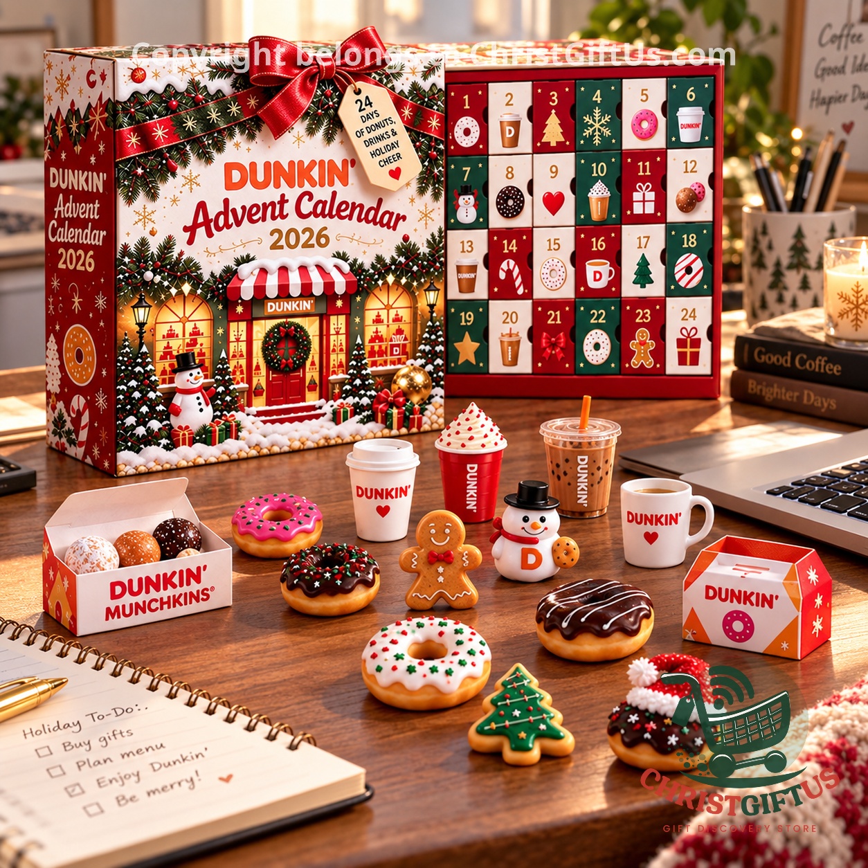 Dunkin Christmas Holiday 2026 Advent Calendar – Interior treats and themed compartments Dunkin Christmas Holiday 2026 Advent Calendar - interior treats and themed compartments