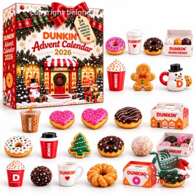 Dunkin Christmas Holiday 2026 Advent Calendar - front view with festive Dunkin treats
