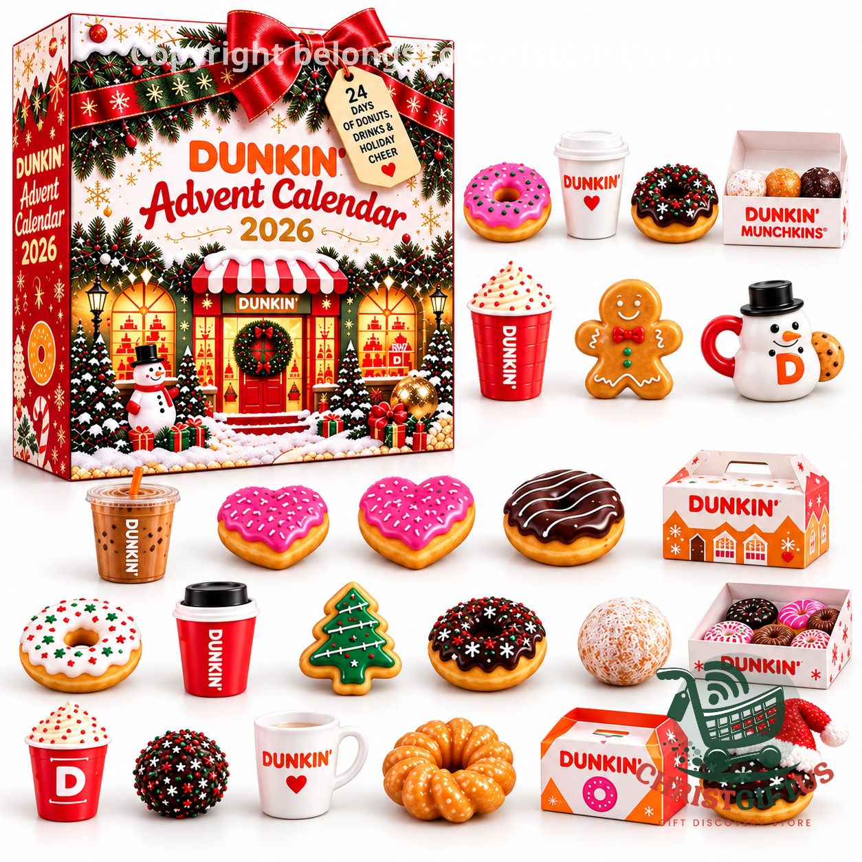 Dunkin Christmas Holiday 2026 Advent Calendar - front view with festive Dunkin treats