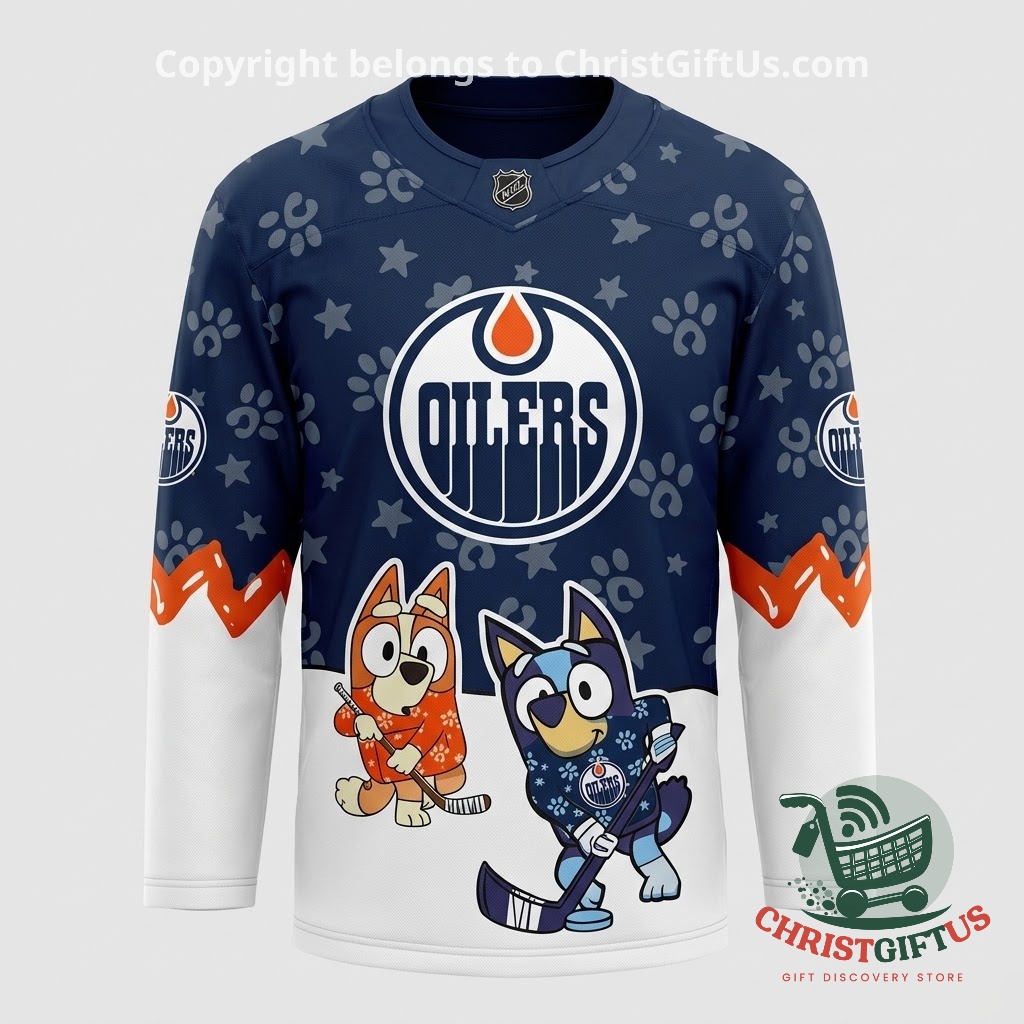 Edmonton Oilers Bluey Night 2026 Hockey Jersey - front view with Oilers crest and Bluey characters