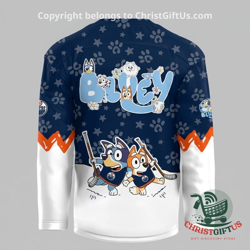 Edmonton Oilers Bluey Night 2026 Hockey Jersey - back view with Bluey graphic and patterned sleeves