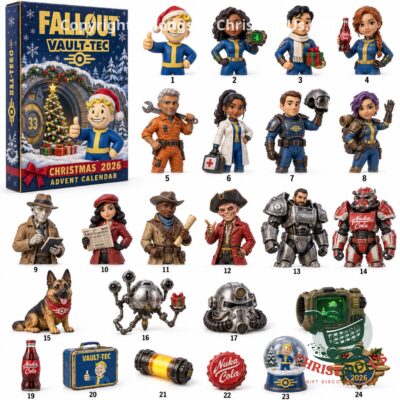 Fallout Vault-Tec Christmas 2026 Advent Calendar - front box artwork with snowy Vault-Tec entrance