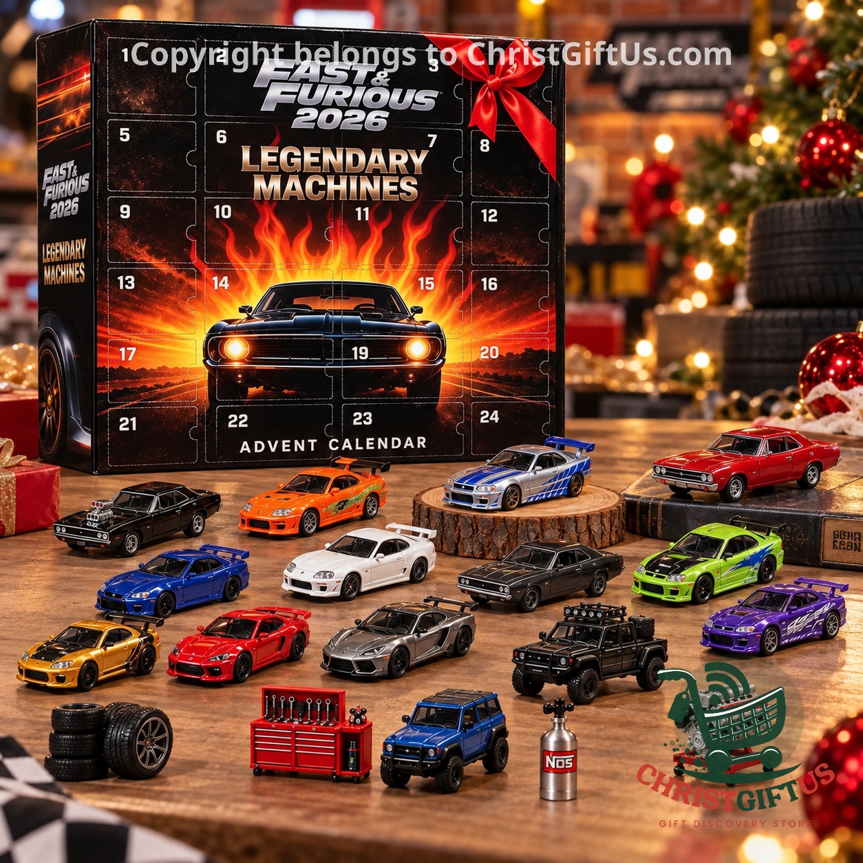 Fast & Furious Legendary Machines 2026 Advent Calendar - lower row with tires, nitrous bottle, and engine