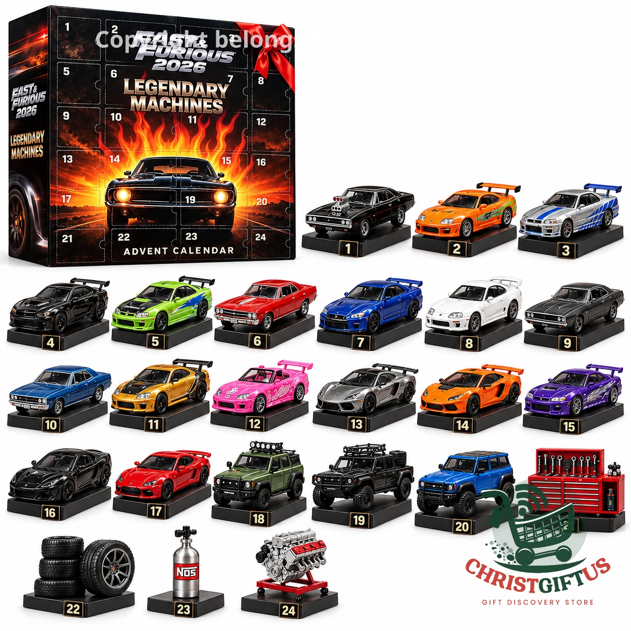 Fast & Furious Legendary Machines 2026 Advent Calendar - front packaging and miniature cars