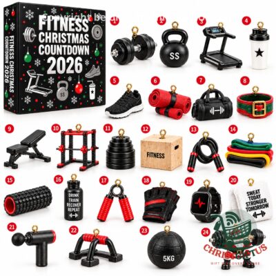 Fitness Christmas Countdown 2026 Advent Calendar - box and numbered fitness miniatures displayed together