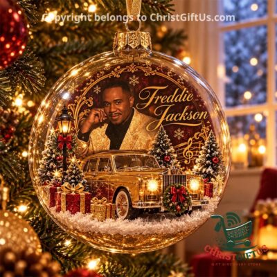 Freddie Jackson Christmas 2026 Christmas Ornament - front view with portrait and gold vintage car