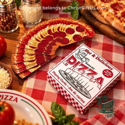GAMAGO Pizza Shaped Playing Cards - fanned pizza-slice cards beside their retail box