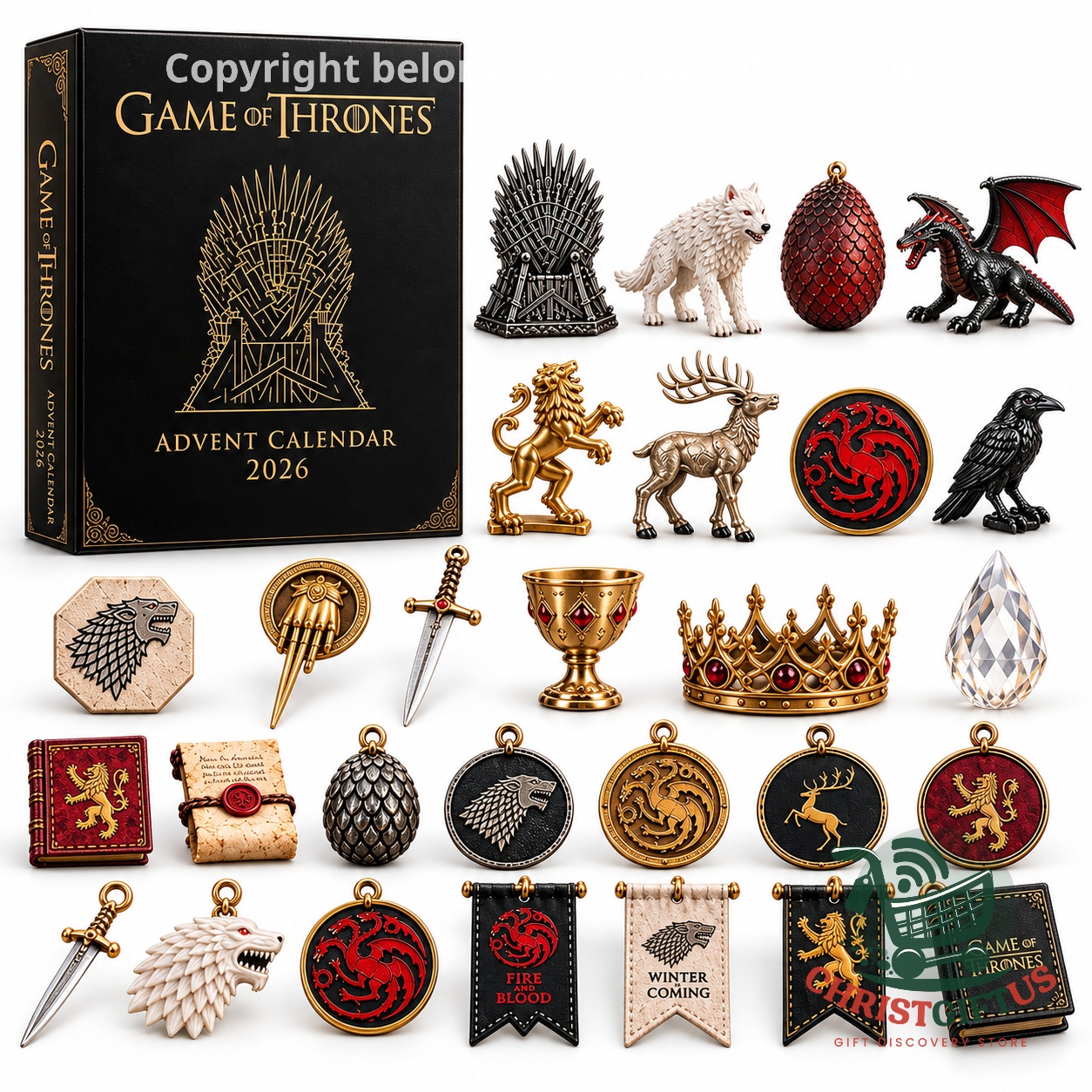 Game of Thrones 2026 Advent Calendar - box and themed ornaments displayed together