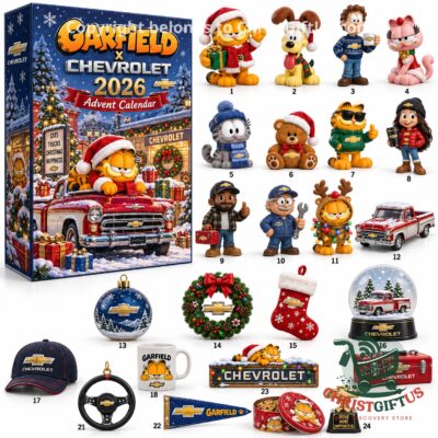 Garfield x Chevrolet Christmas 2026 Advent Calendar - front box artwork with vintage red Chevrolet truck