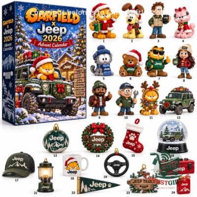 Garfield x Jeep 2026 Christmas Advent Calendar - front box artwork and collectible lineup