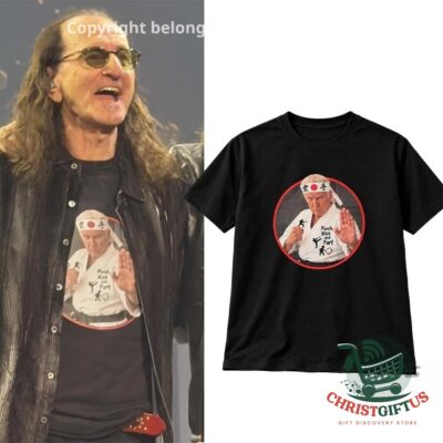 Geddy Lee Donald Trump Karate Punch Kick And Fart T-Shirt - front view with centered graphic
