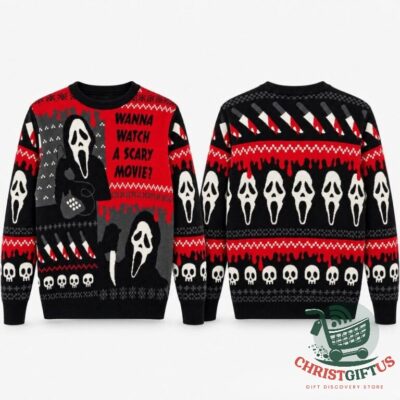 Ghostface Wanna Watch A Scary Movie Halloween Ugly Sweater - front and back views