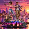 Grand Theft Auto VI Lucia and Jason figure - front view with illuminated VI base