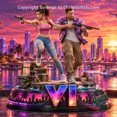 Grand Theft Auto VI Lucia and Jason figure - front view with illuminated VI base