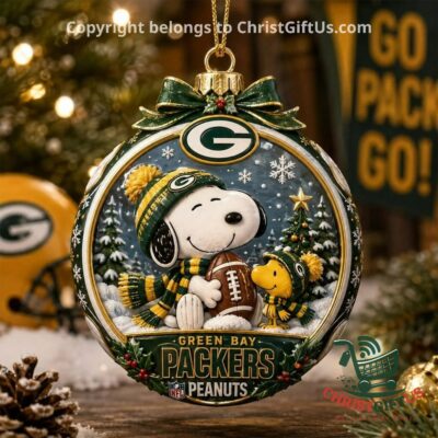 Green Bay Packers Snoopy and Peanuts Christmas Acrylic Ornament - front view with Snoopy and Woodstock