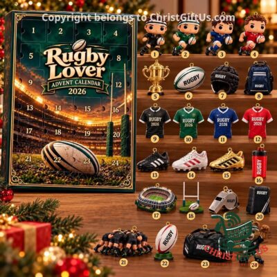 Rugby Lover 2026 advent calendar beside a shelf of rugby designs