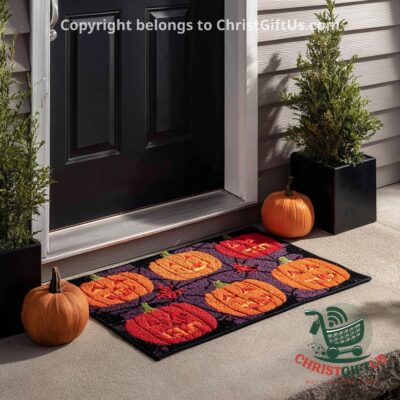 Halloween 2026 Jack-o'-Lantern Pumpkin Patch Doormat - angled front view by a doorway
