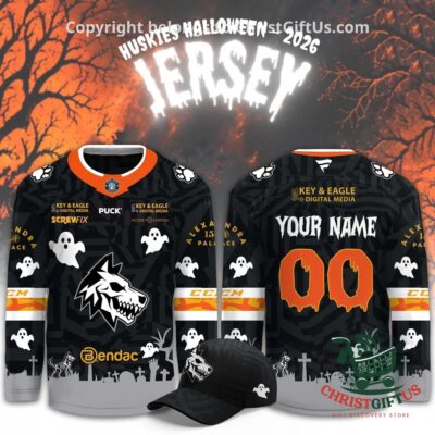 Haringey Huskies 2026 Halloween Night Ice Hockey Jersey - front and back views with matching cap