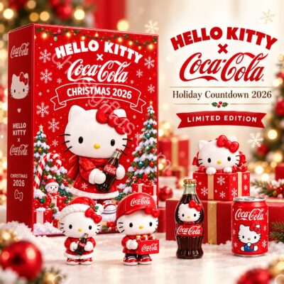 Hello Kitty Coca-Cola Christmas 2026 Advent Calendar front box and holiday character display
