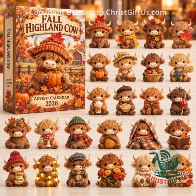 Highland Cow Fall 2026 Advent Calendar - illustrated box with autumn cow characters
