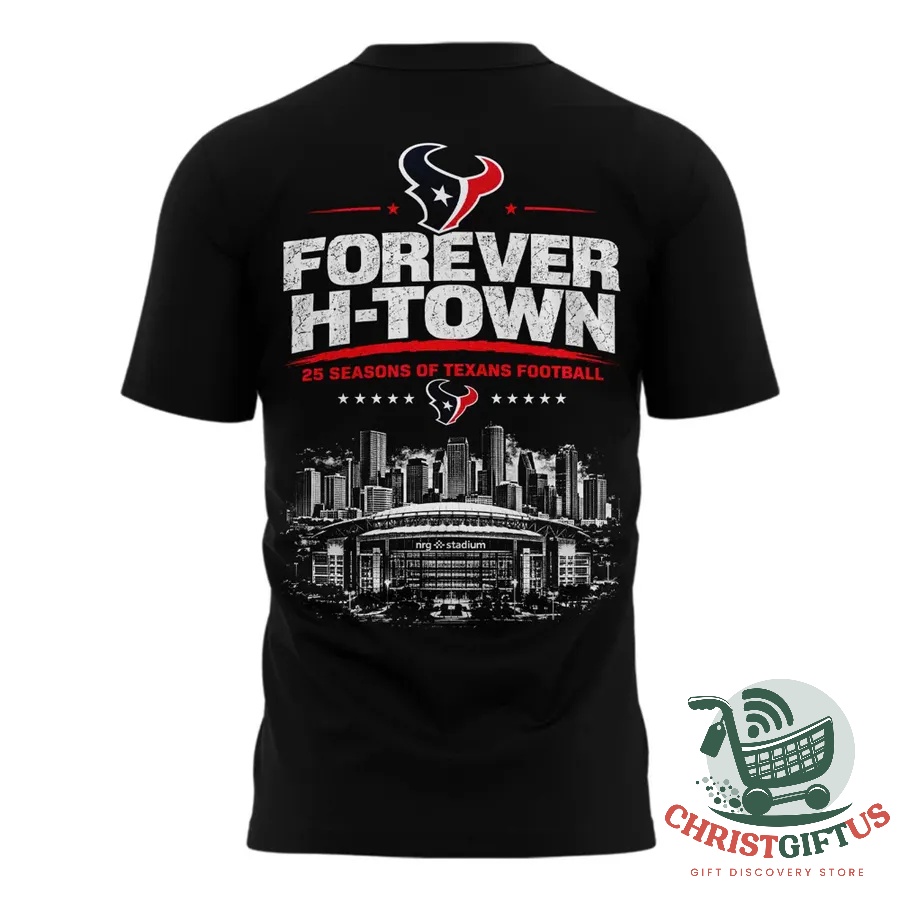 Houston Texans 25 Seasons of Texans Football T-Shirt - full front and back design layout