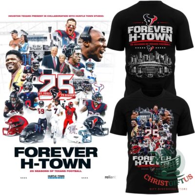 Houston Texans 25 Seasons of Texans Football T-Shirt - front collage print with helmets