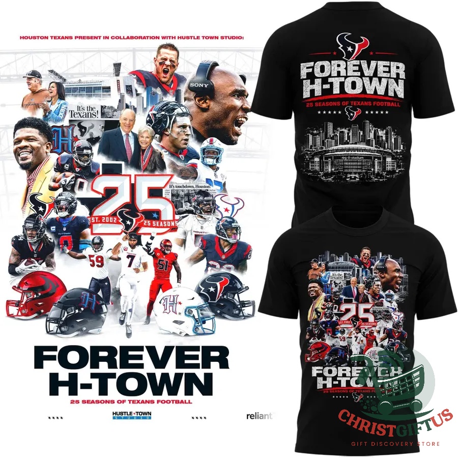 Houston Texans 25 Seasons of Texans Football T-Shirt - front collage print with helmets