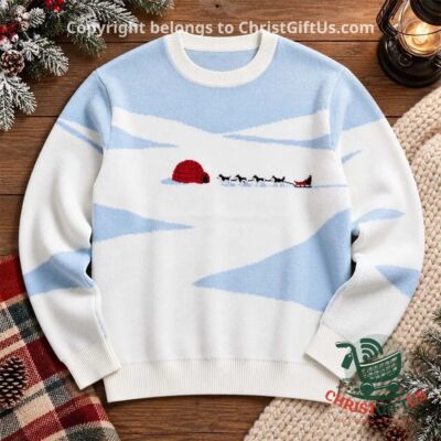 Igloo 2026 Winter Wonderland Snowy Landscape Ugly Sweater - front view with igloo and sleigh design