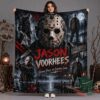 Jason Voorhees Hockey Mask And Moonlit Lake Fleece Blanket - full front design displayed