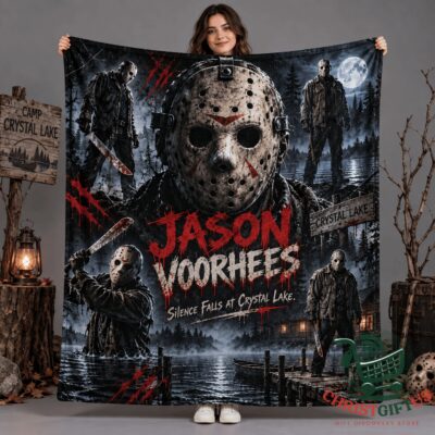 Jason Voorhees Hockey Mask And Moonlit Lake Fleece Blanket - full front design displayed