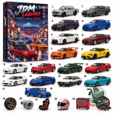 JDM Legends Christmas 2026 Advent Calendar - front box and numbered car lineup