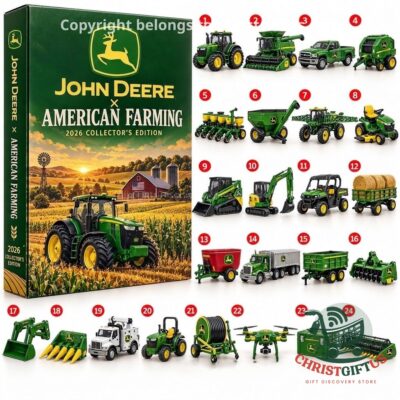 John Deere American Farming 2026 Advent Calendar - front packaging with numbered farm vehicles